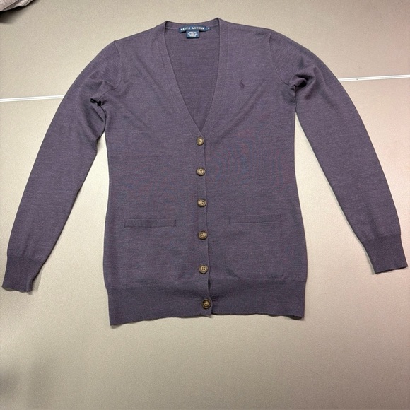 Polo Ralph Lauren Merino Wool Leather Men Small Purple Cardigan Sweater